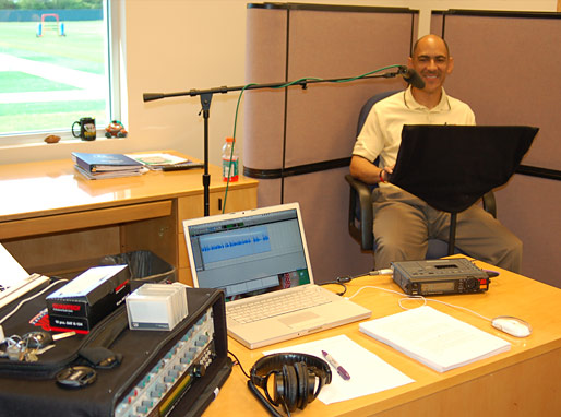 Coach enjoying the audio taping of his new book Quiet Strength