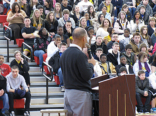 Tony Dungy giving a talk during assembly at North Side High School at Fort Wayne, IN