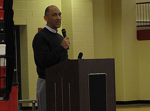 Tony Dungy giving a talk during assembly at North Side High School at Fort Wayne, IN