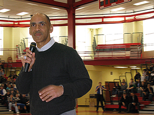 Tony receives questions from the students at North Side High School at Fort Wayne, IN