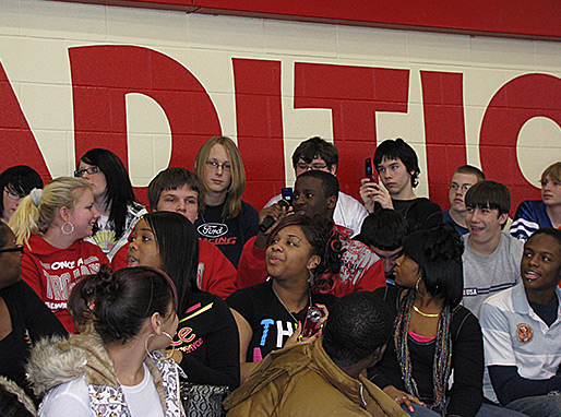 Tony receives questions from the students at North Side High School at Fort Wayne, IN