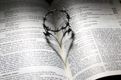 thorn crown laying on Bible across pages