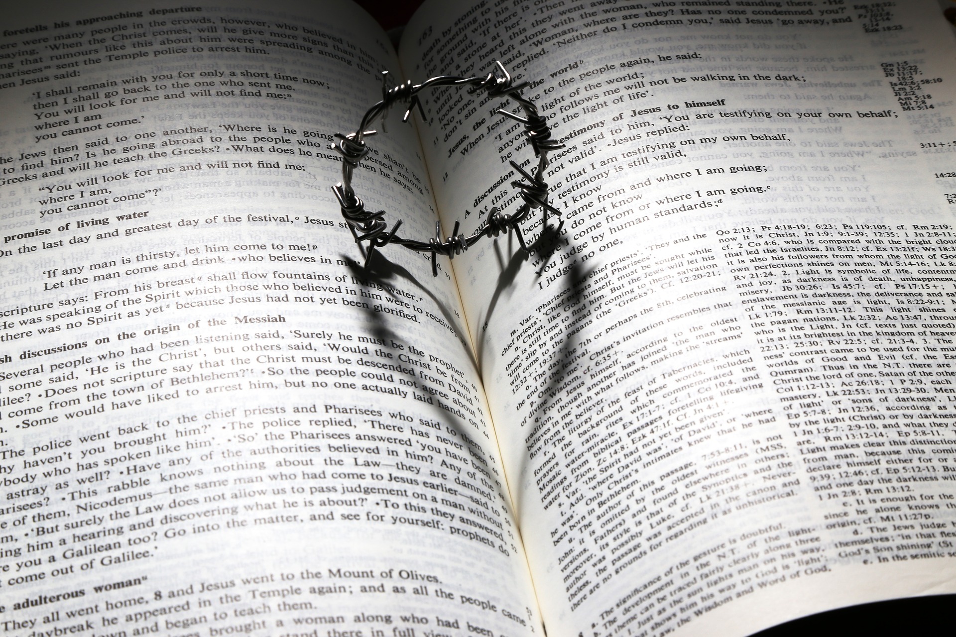 thorn crown laying on Bible across pages