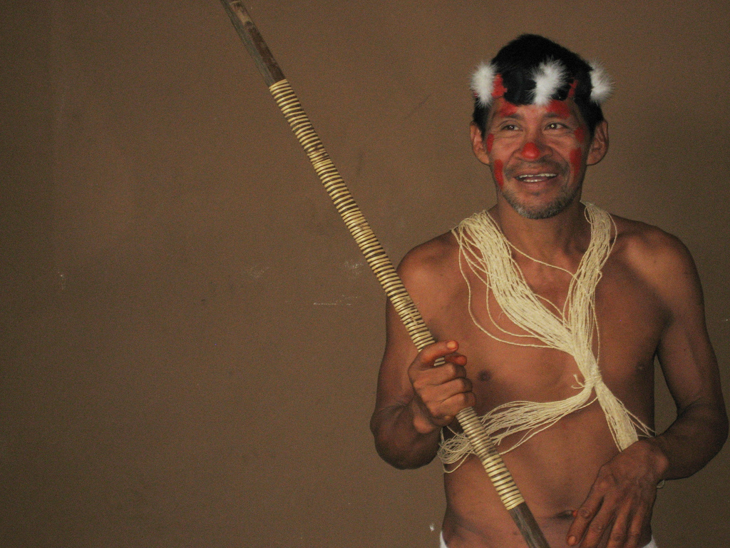 huaorani leader holding hunting spear