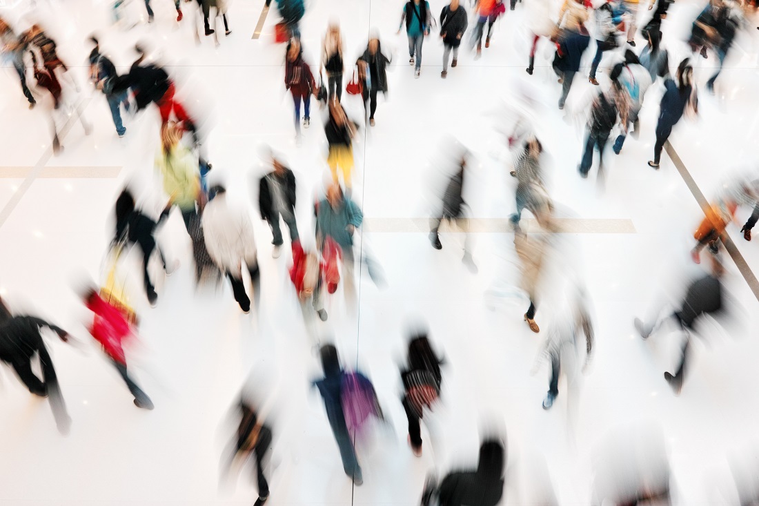 aerial view of people walking in indoor mall