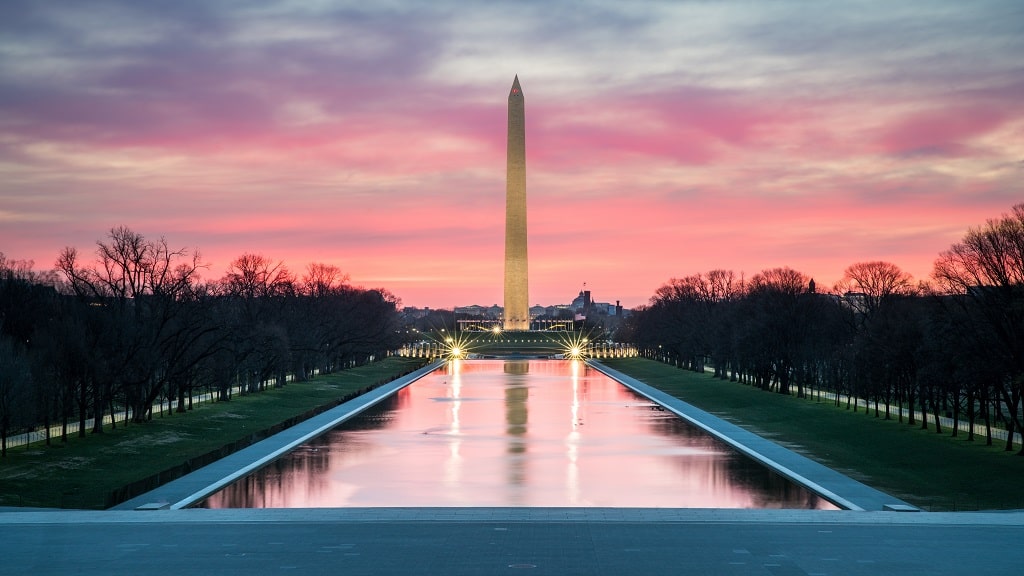 sunrise over Washington capital as seen from Lincoln memorial