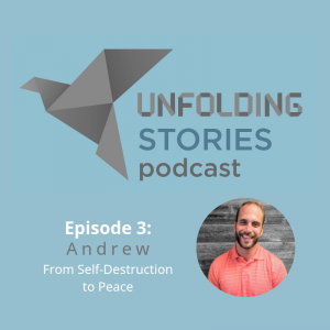 Logo for the Unfolding Stories Christian testimony podcast and participant photo, Andrew.