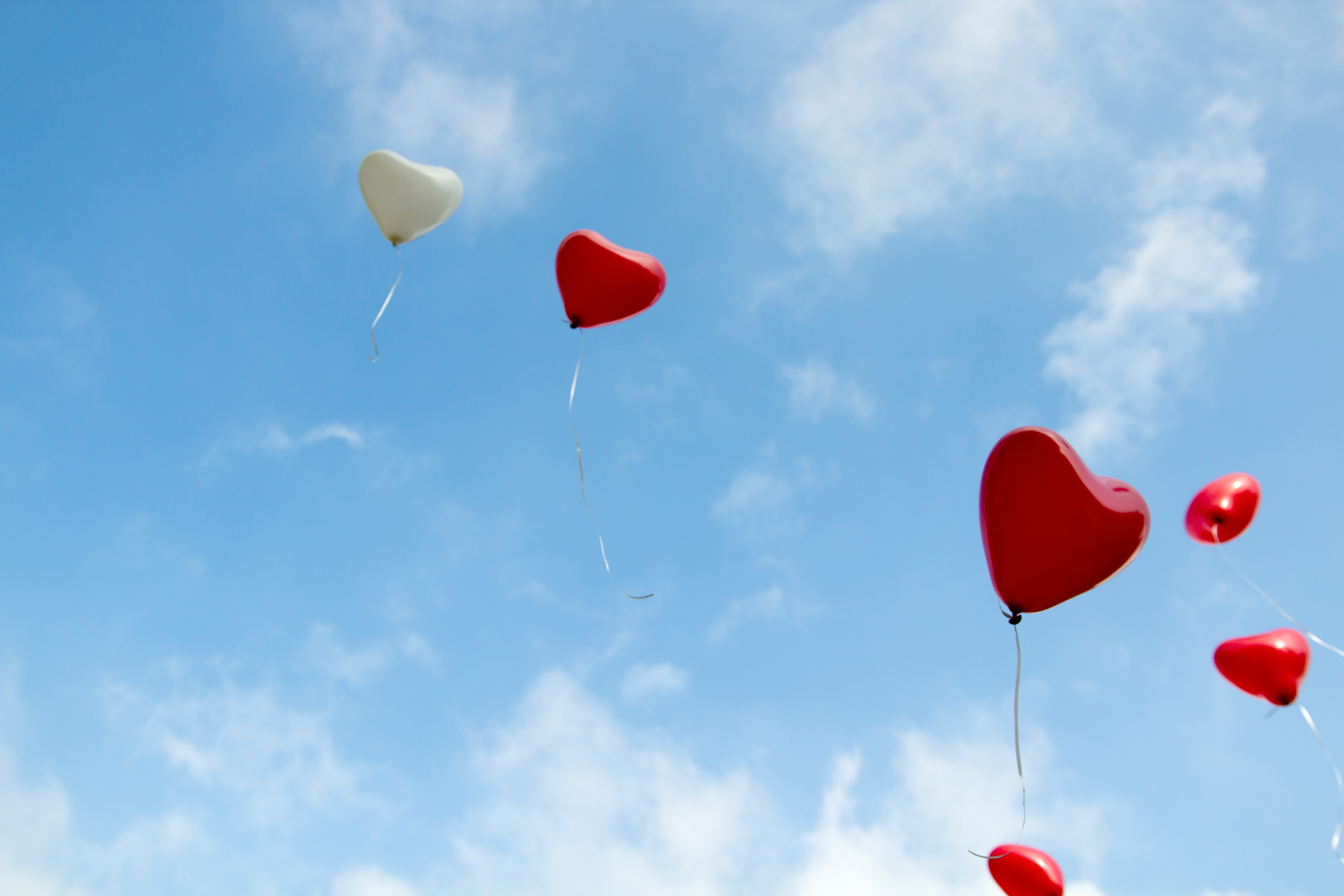 Red and white heart-shaped balloons float up into a blue sky. As non-believer friends read and experience the Scriptures, God's love is revealed to them. It's essential that someone invites the to read the Bible though - that's you!