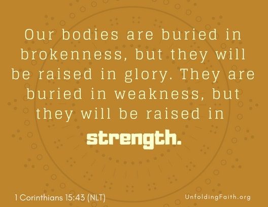 Scripture about Heaven, 1st Corinthians 15:43 from the New Living Translation; "Our bodies are buried in brokenness, but they will be raised in glory. They are buried in weakness, but they will be raised in strength."