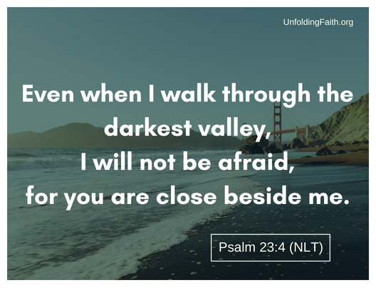 Scripture about why does God allow evil and suffering in the world? Psalm 23:4 from the New Living Translation; "Even when I walk through the darkest valley, I will not be afraid, for you are close beside me."