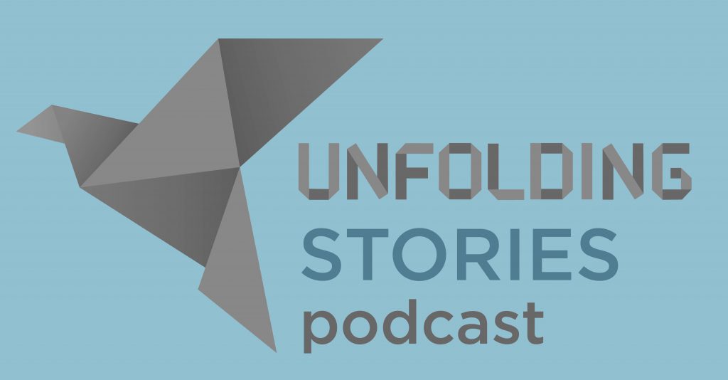 Unfolding Stories podcast logo image.